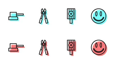 Set line Spray can nozzle cap, , Bolt cutter and Smile face icon. Vector Illustration