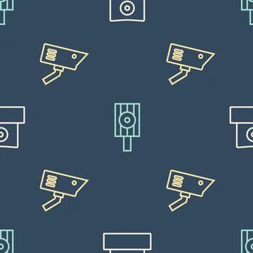 Set line Spray can nozzle cap, Security camera and on seamless pattern. Vector Stock Illustration