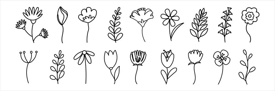 Set line Spring Flowers elements plants garden Stock Illustration