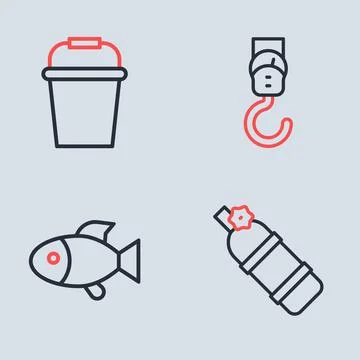 Set line Spring scale, Fish, Aqualung and Fishing bucket icon. Vector Stock Illustration