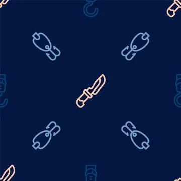 Set line Spring scale, Fishing lure and Knife on seamless pattern. Vector Illustrazione stock
