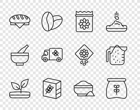Set line Sprout, Bag of flour, Pack full seeds plant, Flour pack, Bread loa.. Stock Illustration