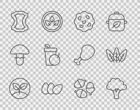 Set line Sprout, Broccoli, Cookie or biscuit, Chicken egg, Leather, Fresh Illustrazione stock