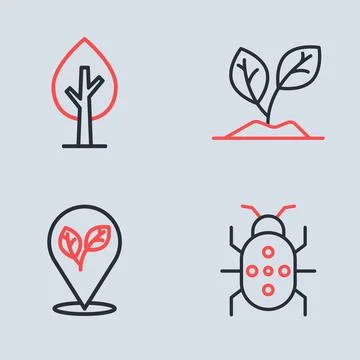 Set line Sprout, Location with leaf, Colorado beetle and Tree icon. Vector Stock Illustration