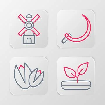 Set line Sprout, Pistachio nuts, Sickle and Windmill icon. Vector Stock Illustration