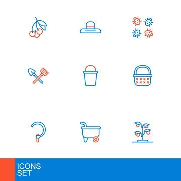 Set line Sprout, Wheelbarrow, Sickle, Wicker basket, Shovel and rake, Bucke.. Stock Illustration