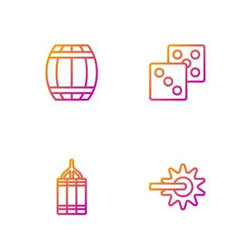 Set line Spur, Dynamite bomb, Gun powder barrel and Game dice. Gradient color Stock Illustration