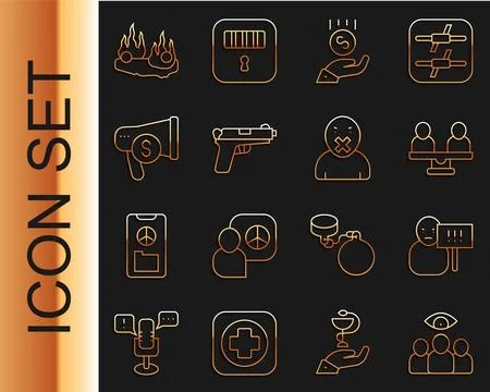 Set line Spy agent Protest Gender equality Coins on hand - minimal wage Pisto Stock Illustration