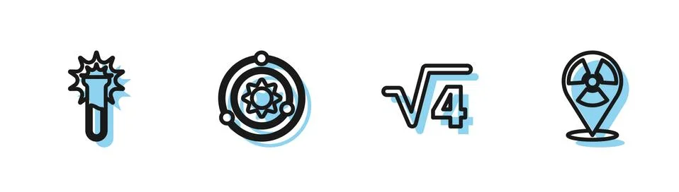Set line Square root of 4 glyph, Test tube and flask, Solar system and Stock-Illustration