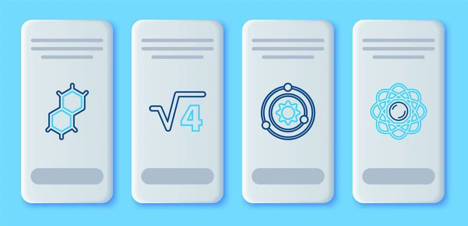 Set line Square root of 4 glyph, Solar system, Chemical formula and Atom icon Stock Illustration