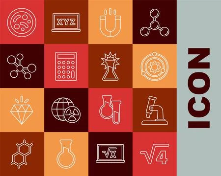 Set line Square root of 4 glyph, Microscope, Solar system, Magnet, Calculat.. Stock Illustration