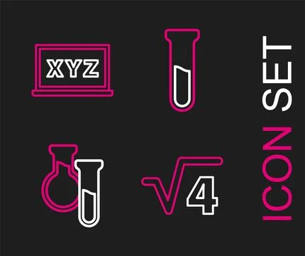 Set line Square root of 4 glyph, Test tube and flask,  and XYZ Coordinate s.. Stock Illustration