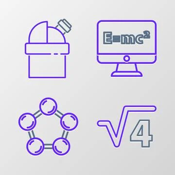 Set line Square root of 4 glyph, Molecule, Equation solution and Astronomic.. Stock Illustration