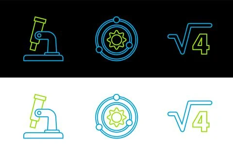 Set line Square root of 4 glyph, Microscope and Solar system icon. Vector Stock Illustration