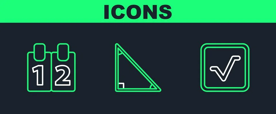 Set line Square root, Calendar and Triangle math icon. Vector Stock Illustration