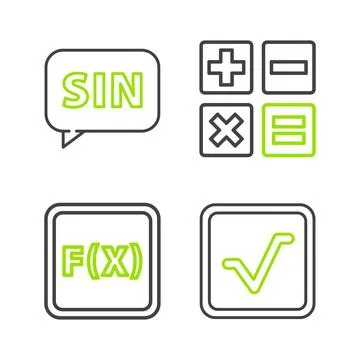 Set line Square root, Function mathematical symbol, Calculator and Mathematics Illustrazione stock