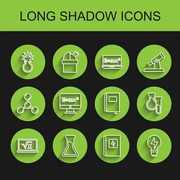 Set line Square root of x glyph, Test tube and flask, Electrical panel, Light Stock Illustration