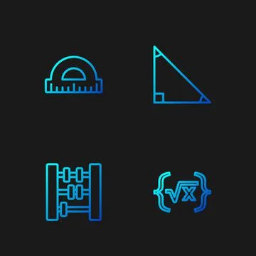 Set line Square root of x glyph, Abacus, Protractor and Triangle math. Gradient Stock Illustration