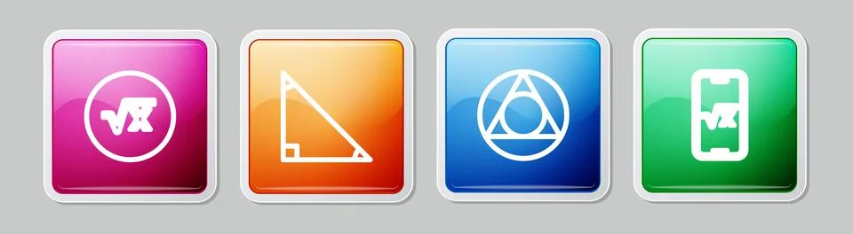 Set line Square root of x glyph, Triangle math, and . Colorful square button Illustrazione stock