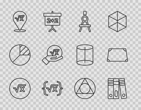 Set line Square root of x glyph, Office folders, Drawing compass, Triangle math Illustrazione stock