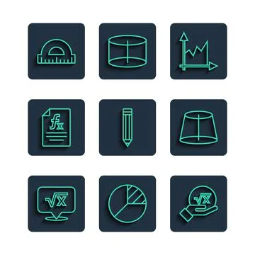 Set line Square root of x glyph, Pie chart infographic, Graph, schedule, char Stockillustratie