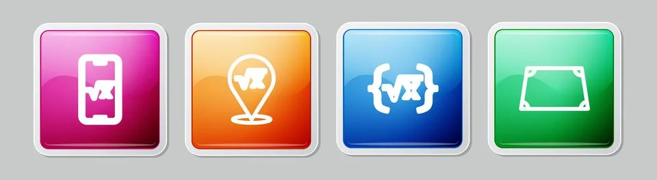 Set line Square root of x glyph, ,  and Acute trapezoid shape. Colorful squar Stock Illustration