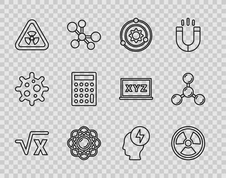 Set line Square root of x glyph, Radioactive, Solar system, Atom, Triangle with Stock Illustration