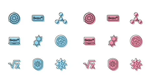 Set line Square root of x glyph, Shield protecting from virus, Solar system.. Stock Illustration