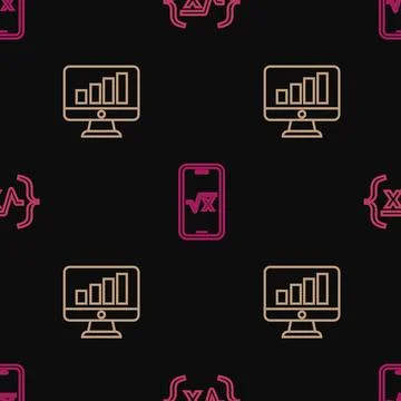 Set line Square root of x glyph, Computer monitor with graph chart and  on .. Illustrazione stock