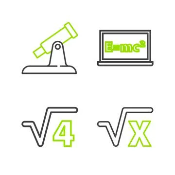 Set line Square root of x glyph, 4, Equation solution and Telescope icon. V.. Stock Illustration