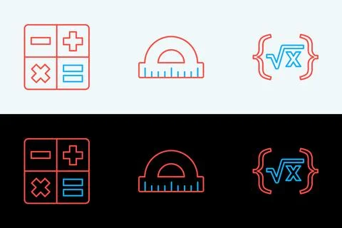 Set line Square root of x glyph, Calculator and Protractor icon. Vector Stock Illustration