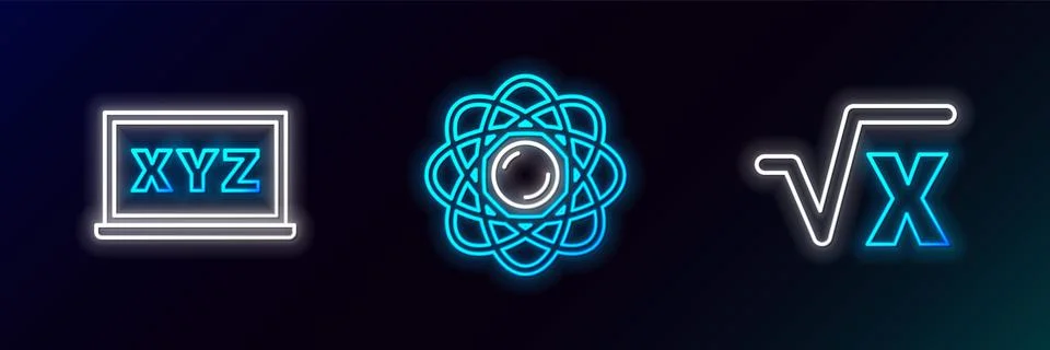 Set line Square root of x glyph, XYZ Coordinate system and Atom icon. Glowi.. Stock Illustration