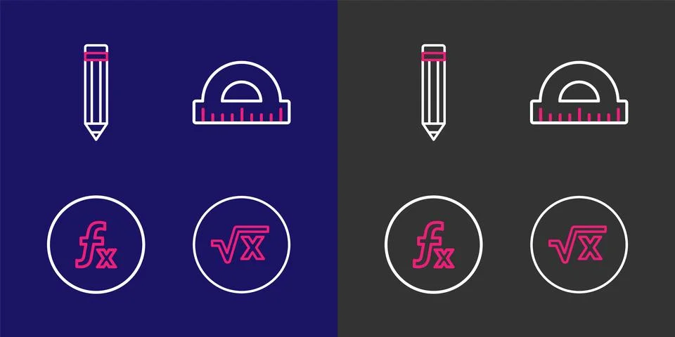 Set line Square root of x glyph, Function mathematical symbol, Protractor a.. Stock Illustration