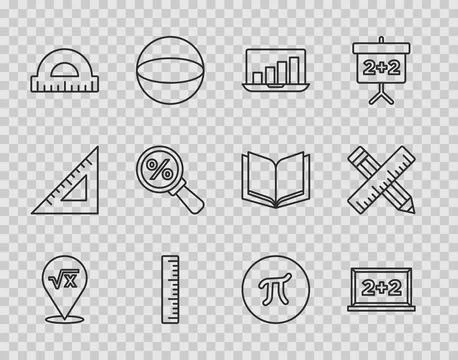 Set line Square root of x glyph, Chalkboard, Laptop with graph chart, Ruler.. Stock Illustration