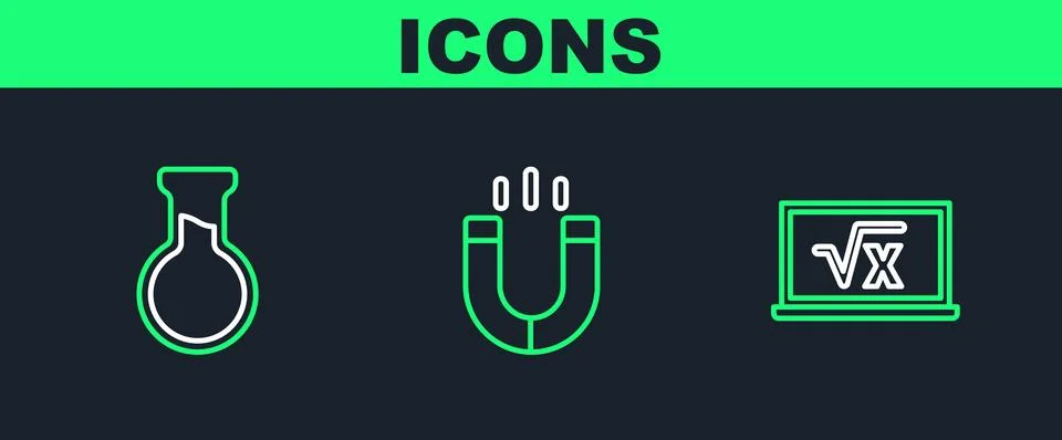Set line Square root of x glyph, Test tube and flask and Magnet icon. Vector Stock Illustration