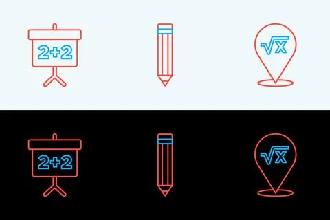 Set line Square root of x glyph, Chalkboard and Pencil icon. Vector Stock Illustration