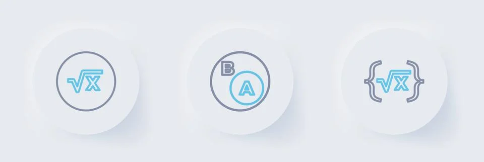 Set line Square root of x glyph, Subsets, math, is subset b and  icon. Vector Illustrazione stock