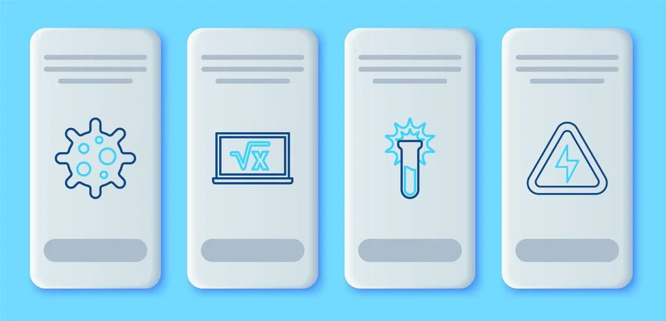 Set line Square root of x glyph, Test tube and flask, Virus and High voltag.. Stock Illustration