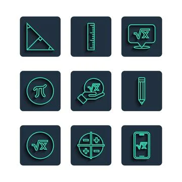 Set line Square root of x glyph, XYZ Coordinate system, Pi symbol, Angle bi.. Stock Illustration
