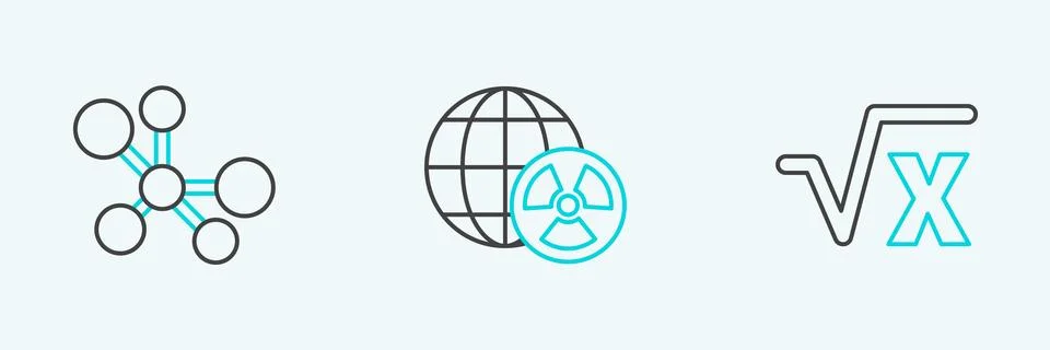 Set line Square root of x glyph, Molecule and Planet earth and radiation ic.. Stock Illustration