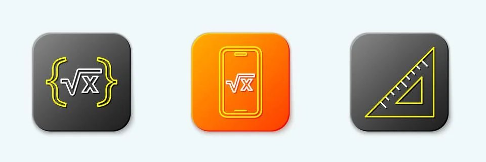 Set line Square root of x glyph,  and Triangular ruler icon. Vector Illustrazione stock