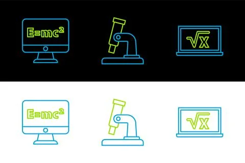 Set line Square root of x glyph, Equation solution and Microscope icon. Vecto 스톡 일러스트