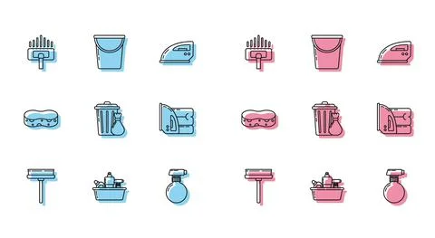 Set line Squeegee, scraper, wiper, Plastic bottles for liquid dishwashing liquid Illustrazione stock