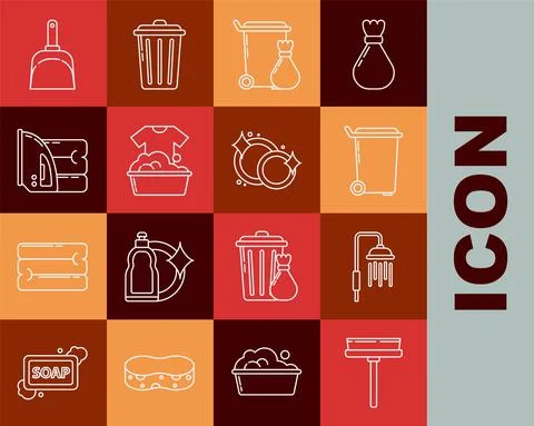 Set line Squeegee, scraper, wiper, Shower head with water drops flowing, Trash Illustrazione stock