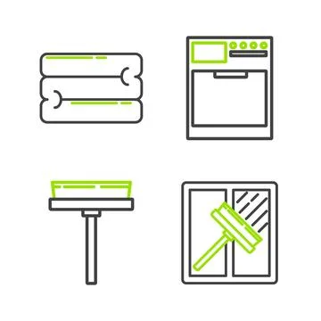Set line Squeegee, scraper, wiper, Washer and Towel stack icon. Vector Stock Illustration