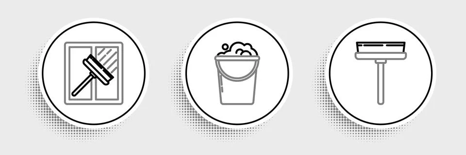 Set line Squeegee, scraper, wiper, and Bucket with foam and bubbles icon. Vector 스톡 일러스트