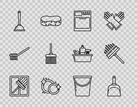 Set line Squeegee, scraper, wiper, Dustpan, Washer, Washing dishes, Toilet Illustrazione stock