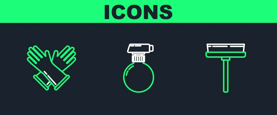 Set line Squeegee, scraper, wiper, Rubber gloves and  icon. Vector 스톡 일러스트