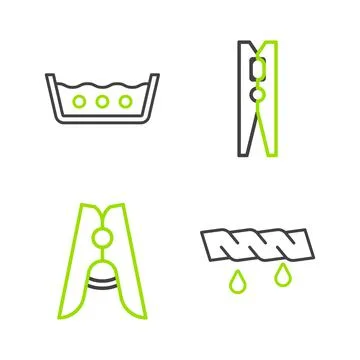 Set line Squeeze clothes, Clothes pin,  and Temperature wash icon. Vector Illustrazione stock