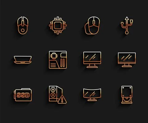 Set line SSD card, Case of computer, Computer mouse, monitor screen, Optical Illustrazione stock